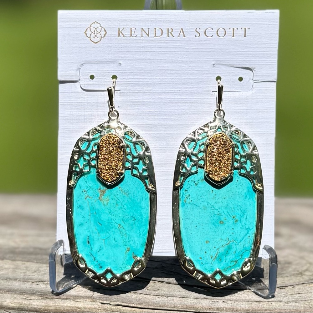 NWOT Kendra Scott Deva earrings Glam Rocks featuring Turquoise &Gold Drusy